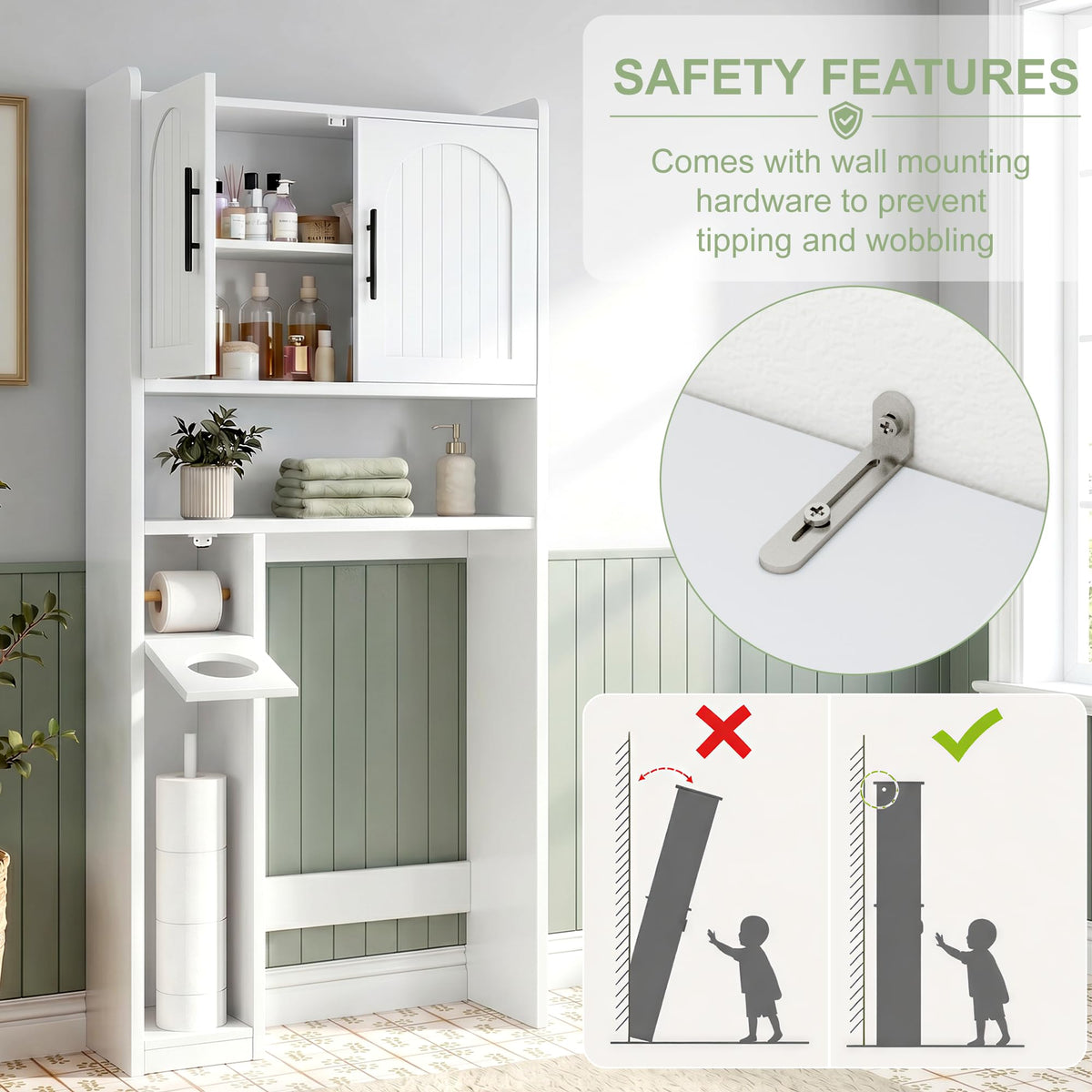 34" Over the Toilet Storage Cabinet with Arched Doors, White C221789