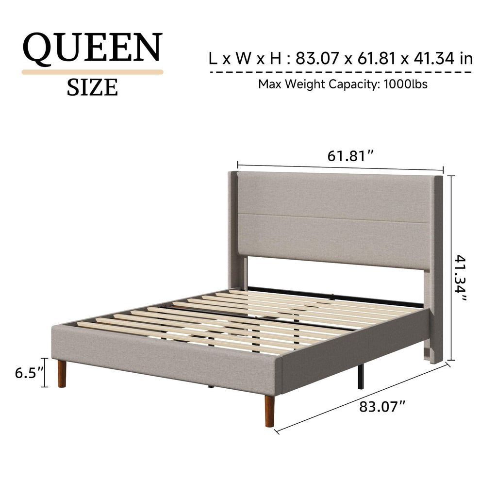 Queen Size Linen Platform Bed Frame with Wingback Headboard K3950