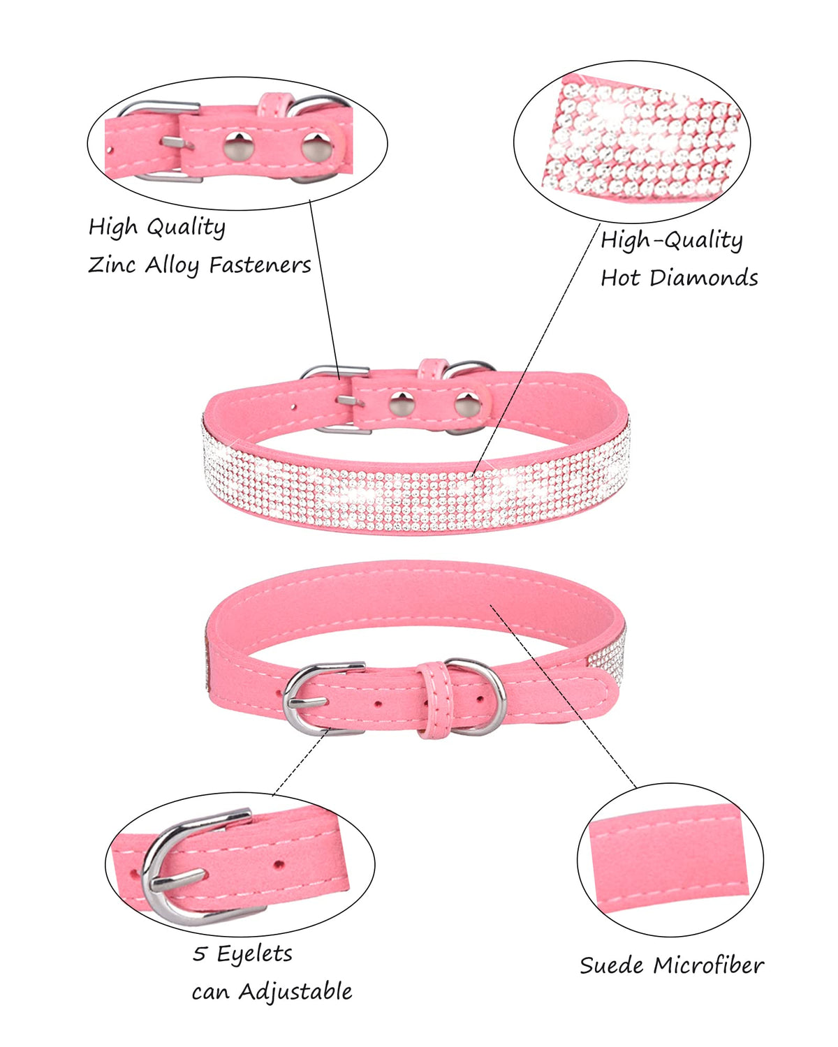 Pink Adjustable Leather Suede Rhinestone Dog Collar O814