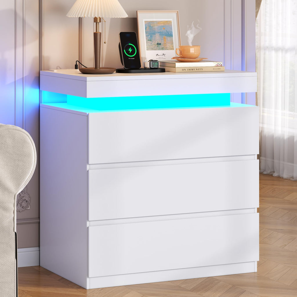 White Nightstand with Charging Station and LED Lights E241