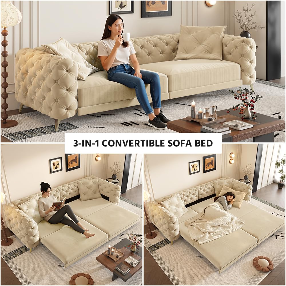 Velvet 3-in-1 Convertible Sleeper Sofa with Movable Ottoman P92958