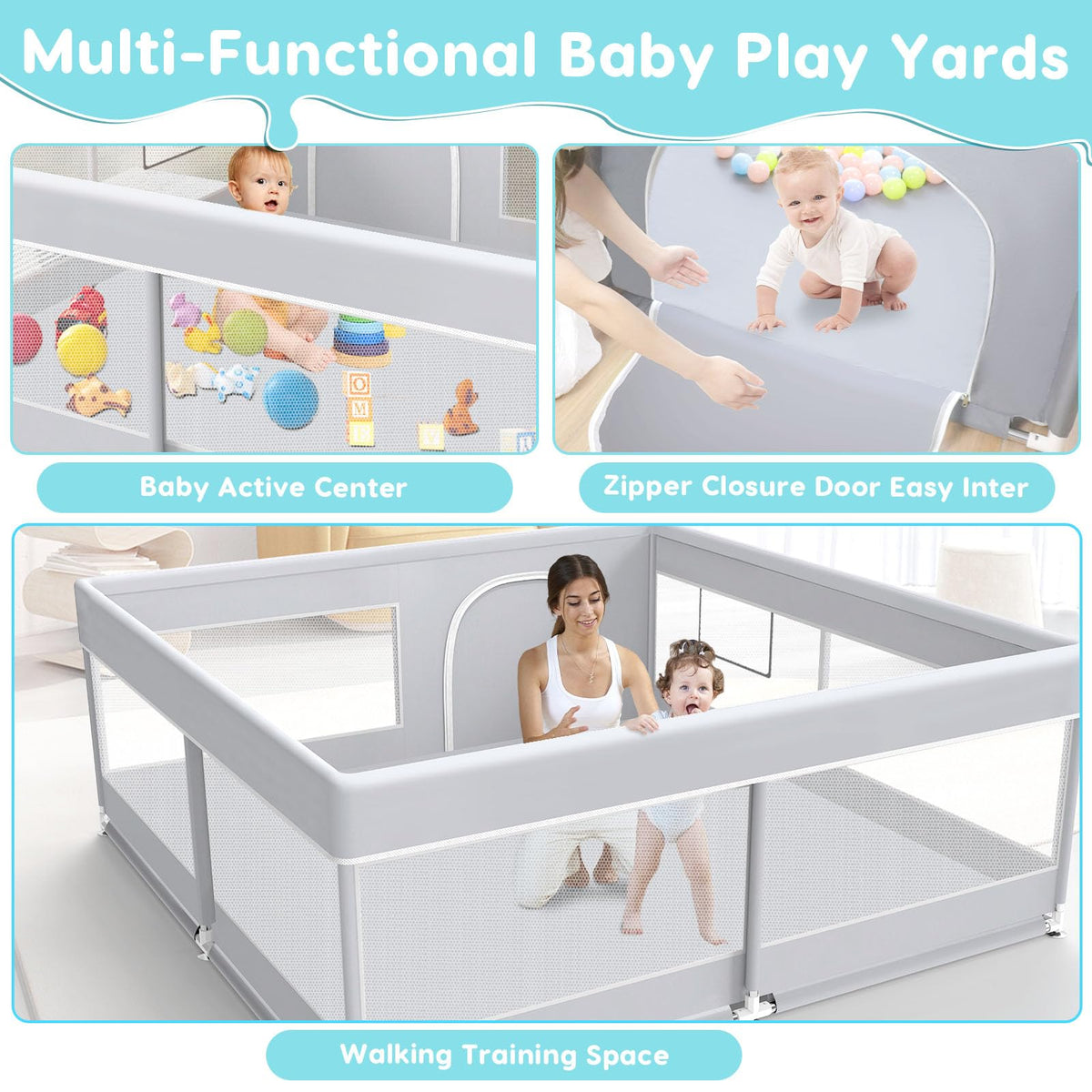 50x50 Inch Grey Baby Playpen with Mesh T396