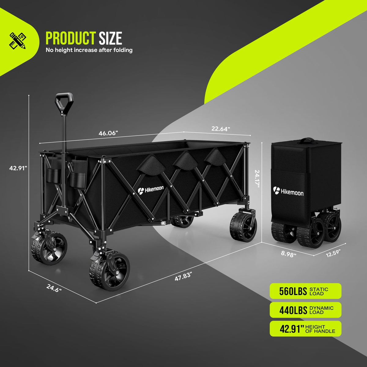 48'' Extra Large Collapsible Wagon with Big Wheels, 300L Black Y7862