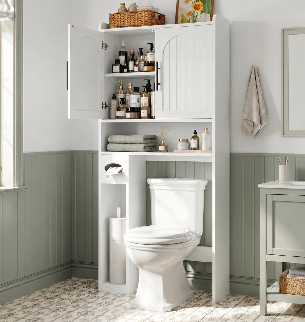 34" Over the Toilet Storage Cabinet with Arched Doors, White C221789