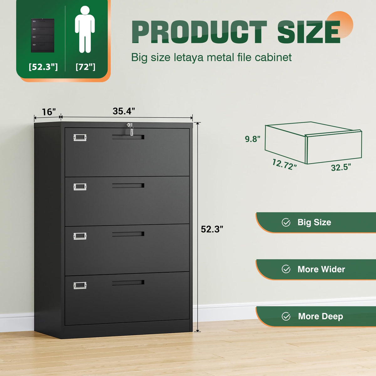 4 Drawer Metal Lateral File Cabinet with Lock X796