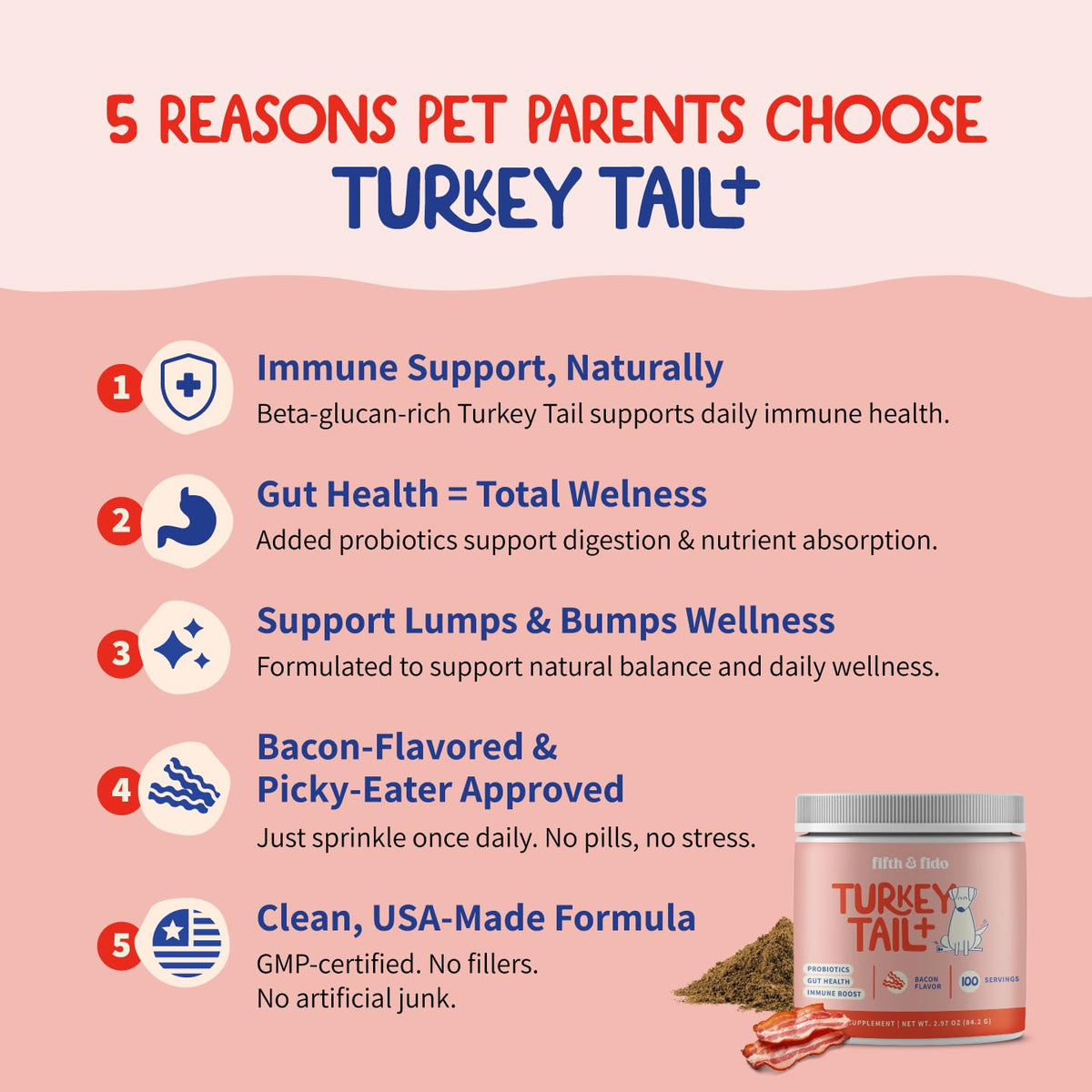 Turkey Tail Mushroom for Dogs Bacon Powder Probiotic A9987