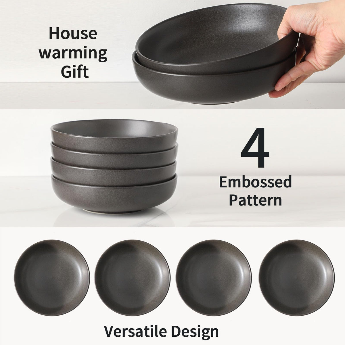 34 oz Stoneware Pasta Bowls Set of 4, Matte Black M5138