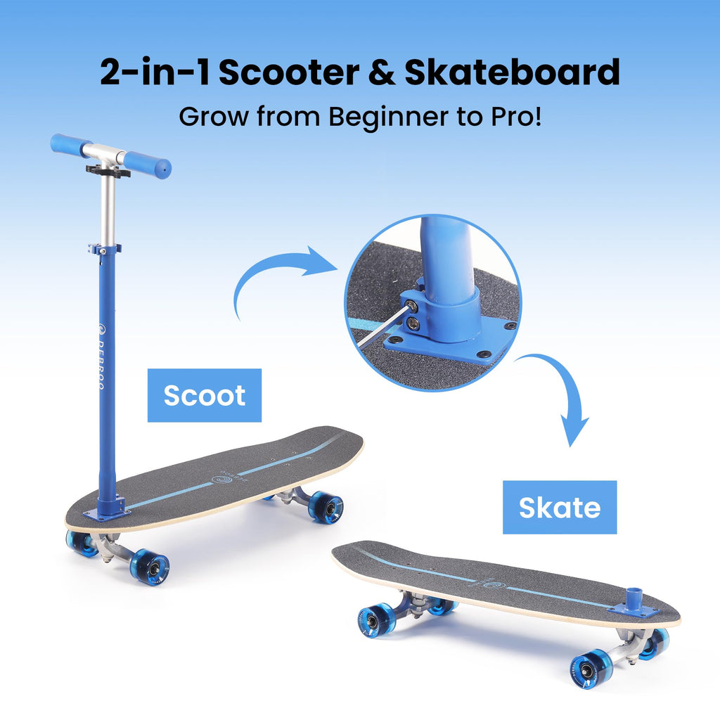 2-in-1 Kids Skateboard & Scooter with LED Light-Up Wheels, Adjustable Height, Blue T4634