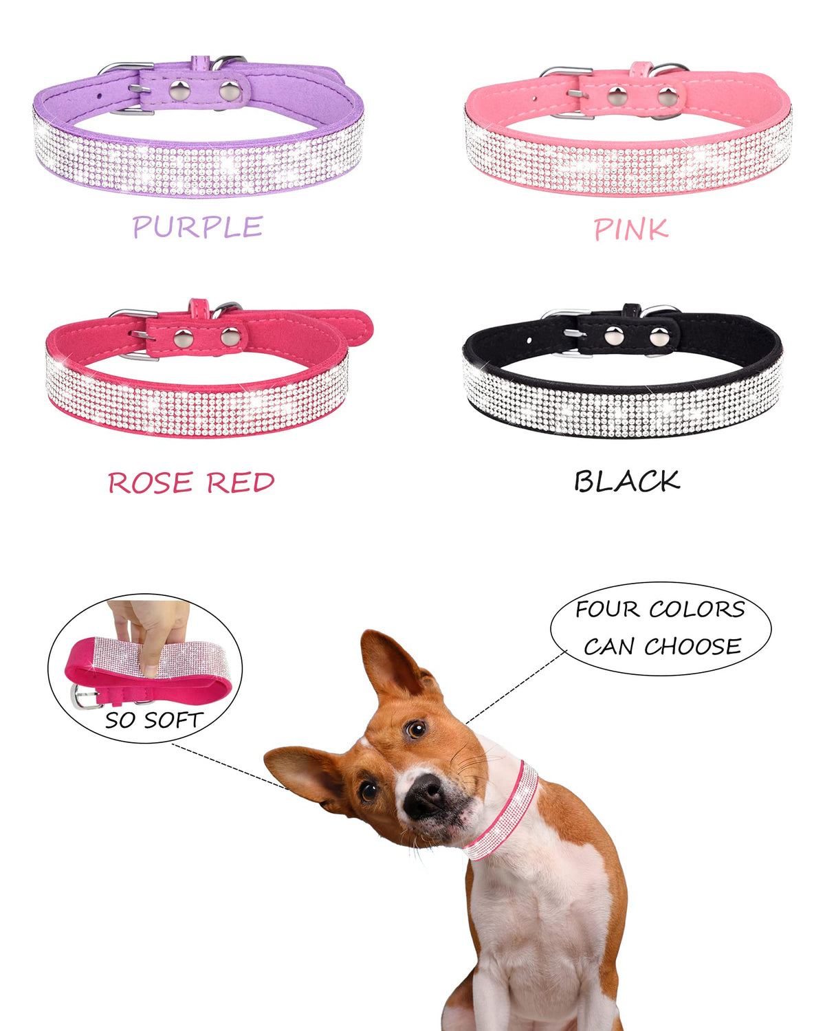 Pink Adjustable Leather Suede Rhinestone Dog Collar O814