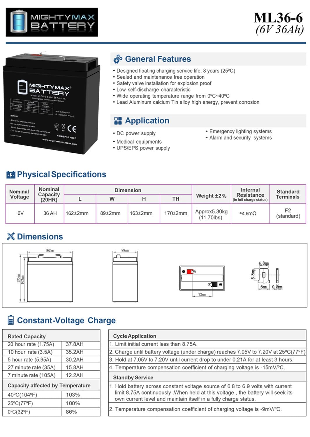6V 36Ah AGM F2 Terminal Battery 4 Pack K1102
