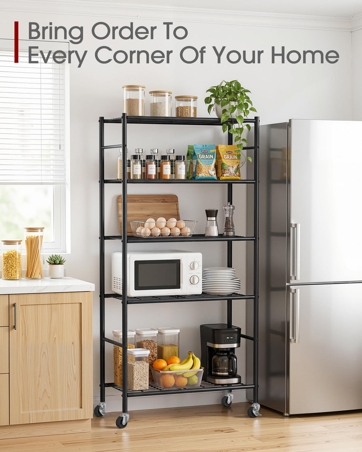 5-Tier Storage Shelves Black with Wheels K31955