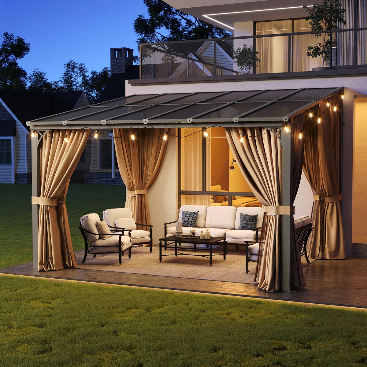 12'x10' Lean to Gazebo with Mosquito Net and Curtains, Brown T877