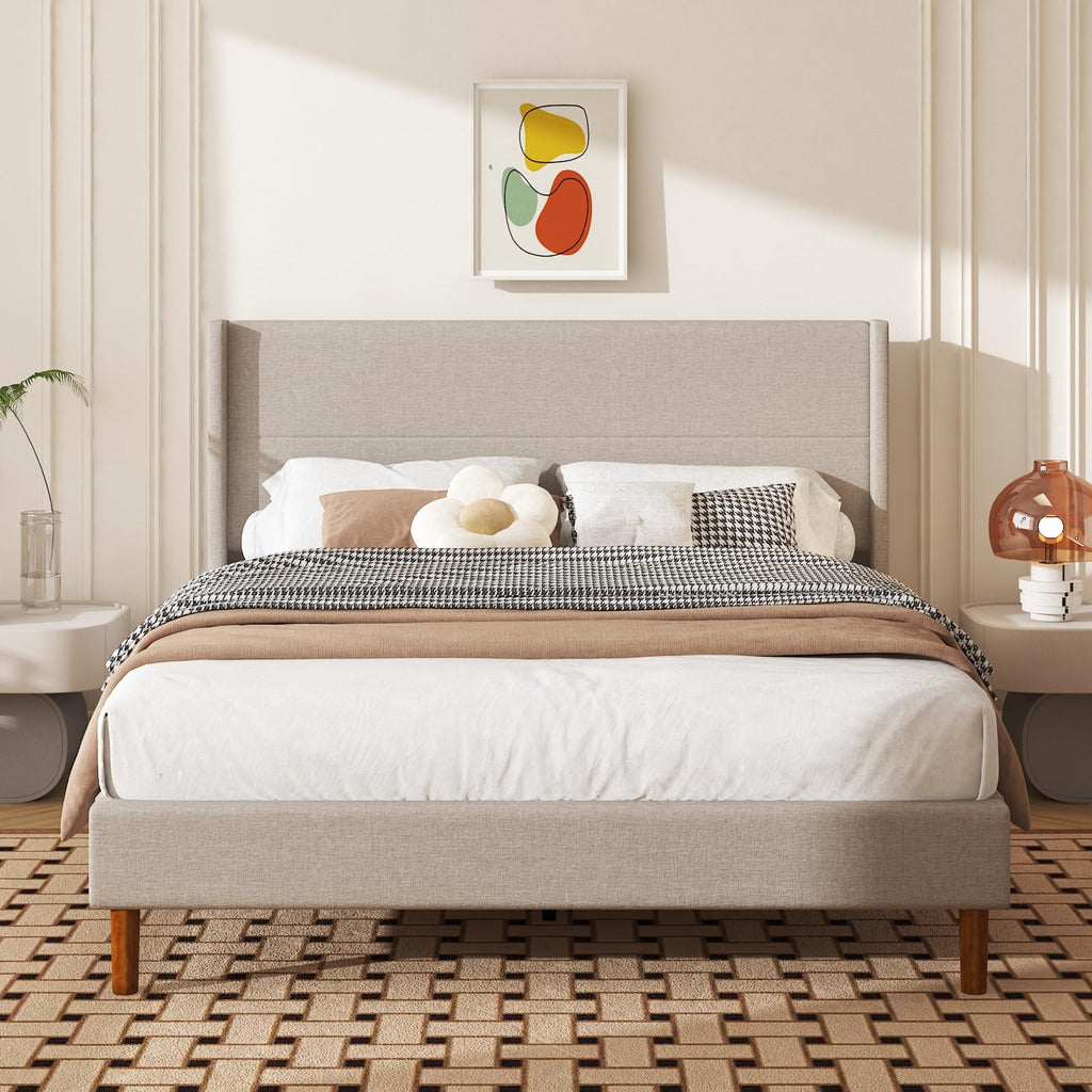 Queen Size Linen Platform Bed Frame with Wingback Headboard K3950