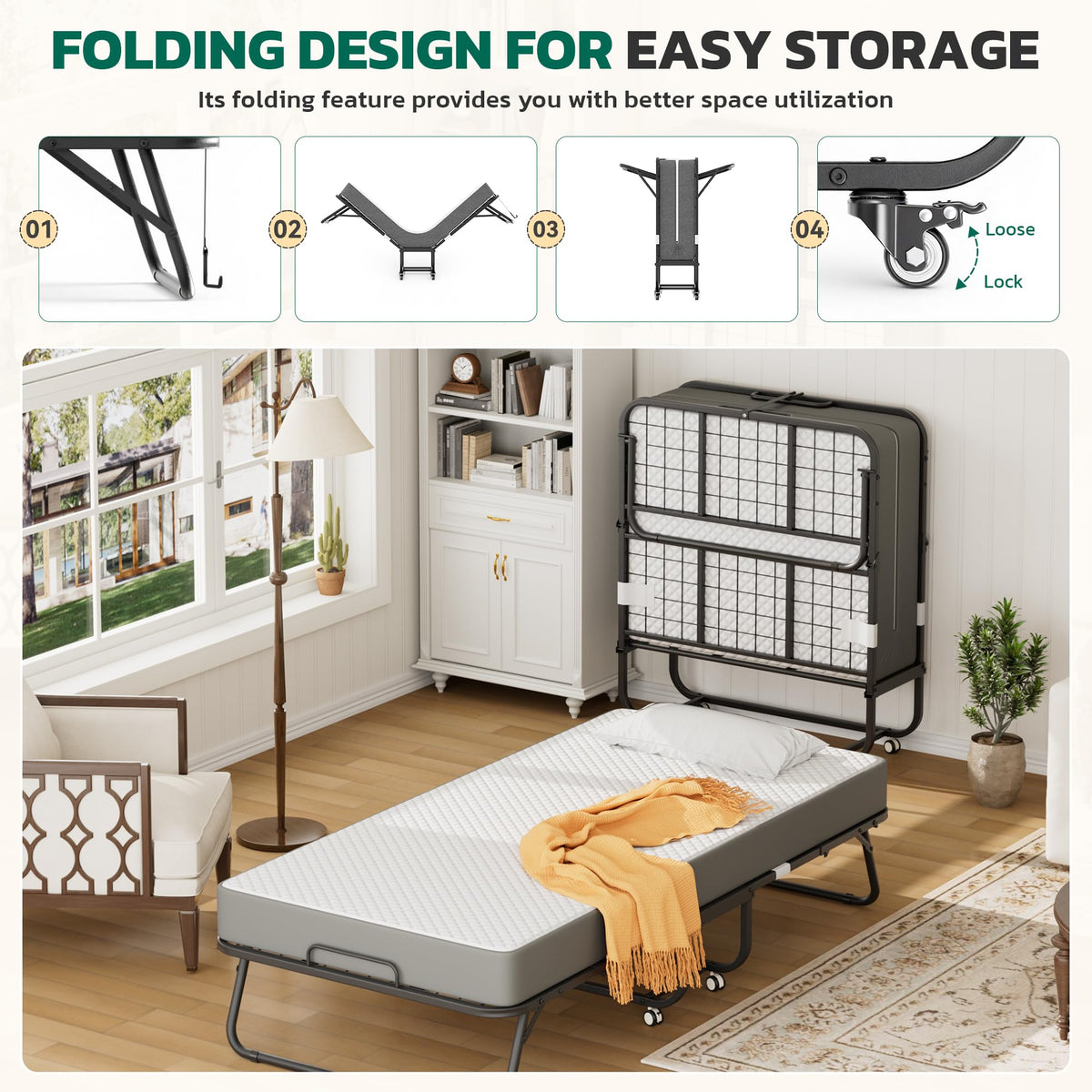 Folding Bed with 5 Inch Mattress, Twin Size S375