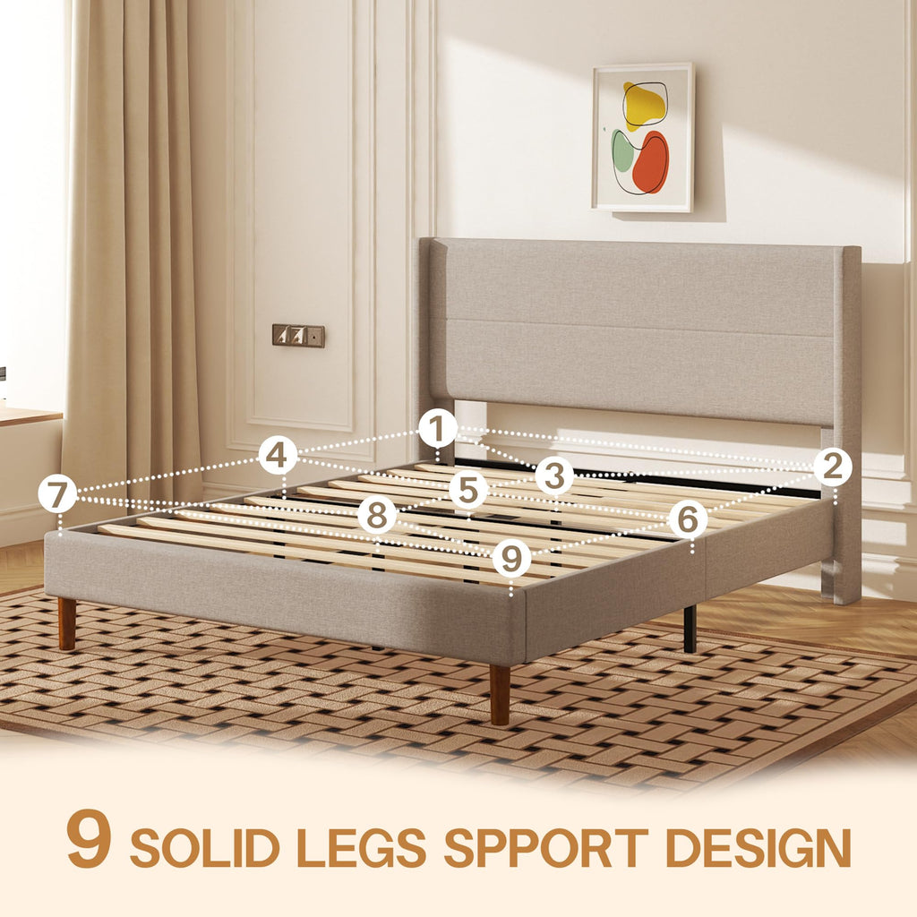 Queen Size Linen Platform Bed Frame with Wingback Headboard K3950