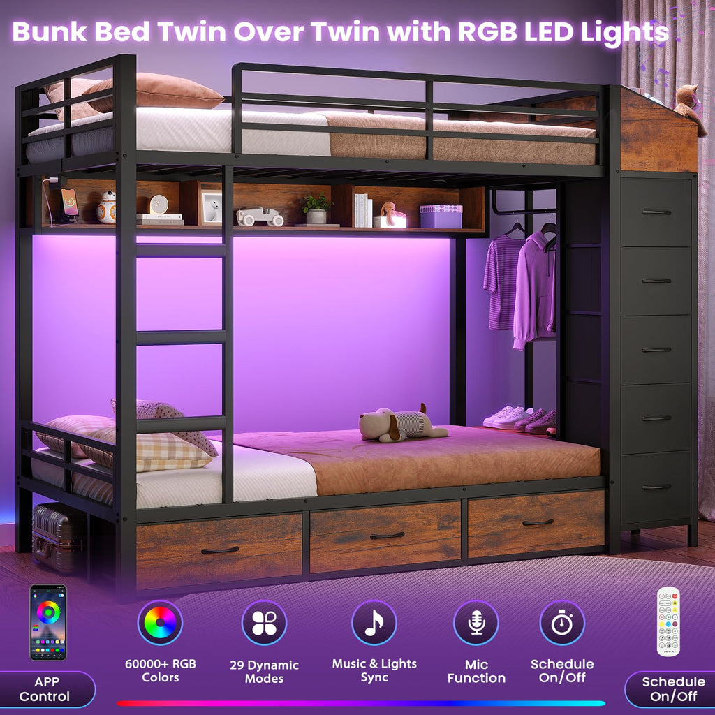 Twin Over Twin Bunk Bed with 8 Storage Drawers and Power Outlets, LED Metal Bunk Bed with Ladder, Black D68473