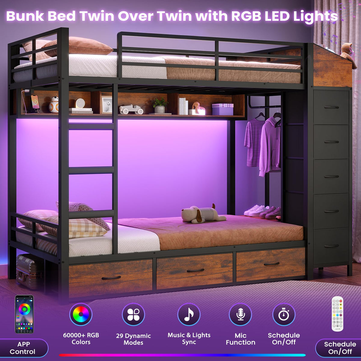 Twin Over Twin Bunk Bed with 8 Storage Drawers and Power Outlets, LED Metal Bunk Bed with Ladder, Black D68473