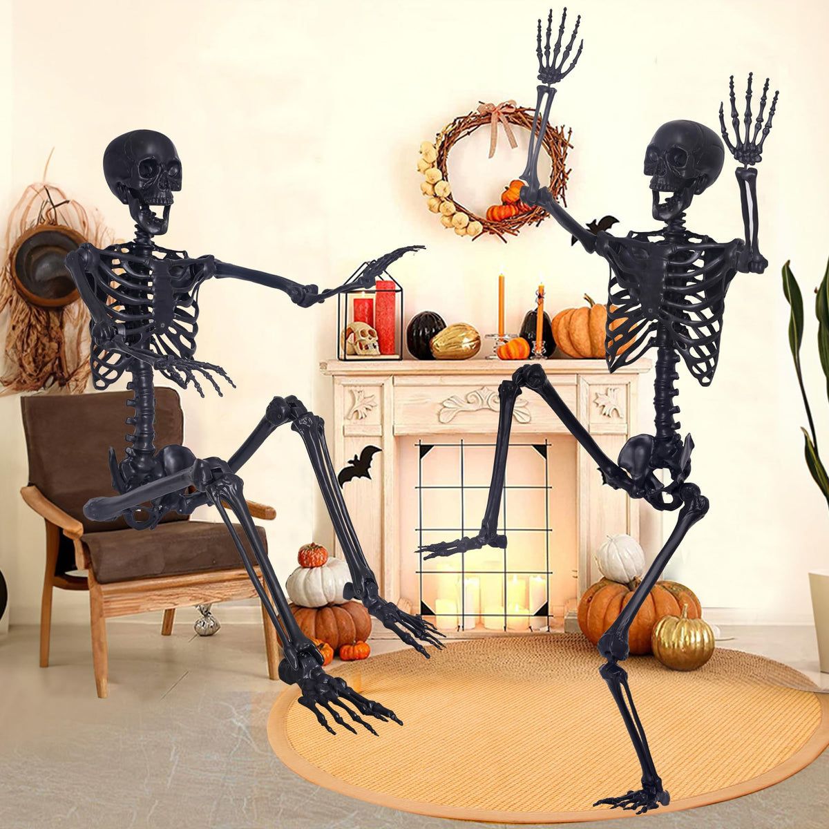 5.4Ft Posable Skeleton with Movable Joints and 2PC Black Feathered Crows D3006