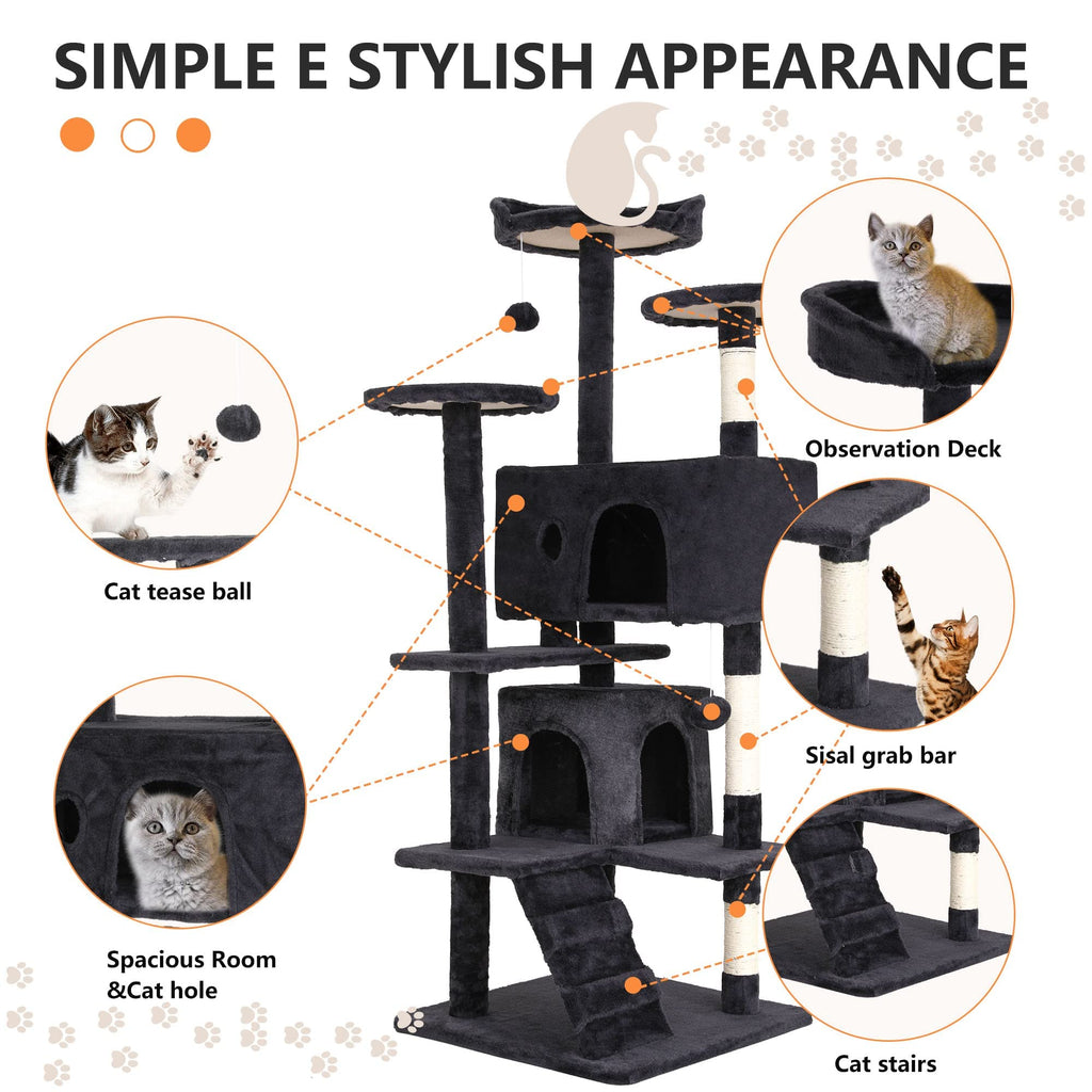 70 Inch Multi-Level Cat Tree with Scratching Post, Condo, Plush Perch B108