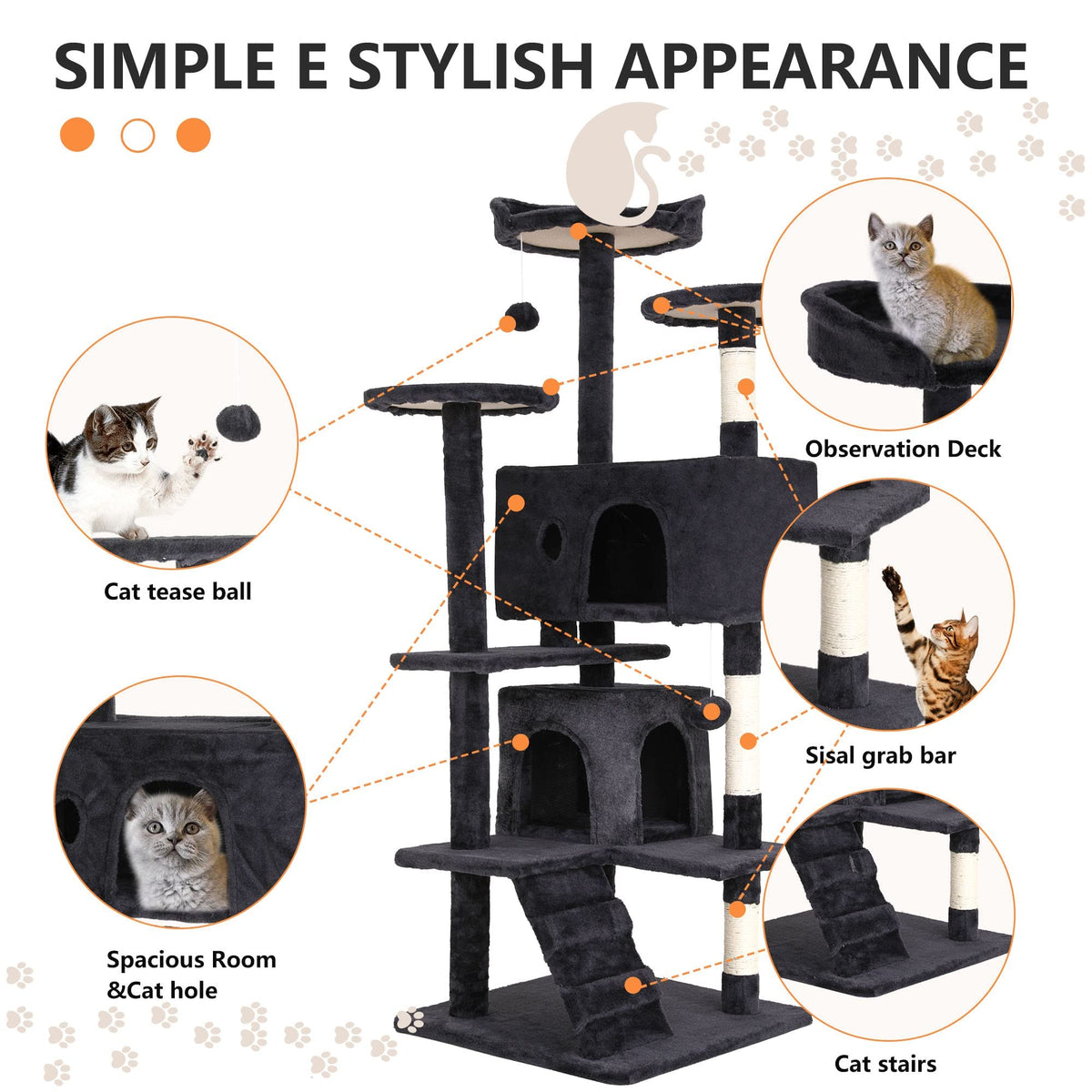 70 Inch Multi-Level Cat Tree with Scratching Post, Condo, Plush Perch B108