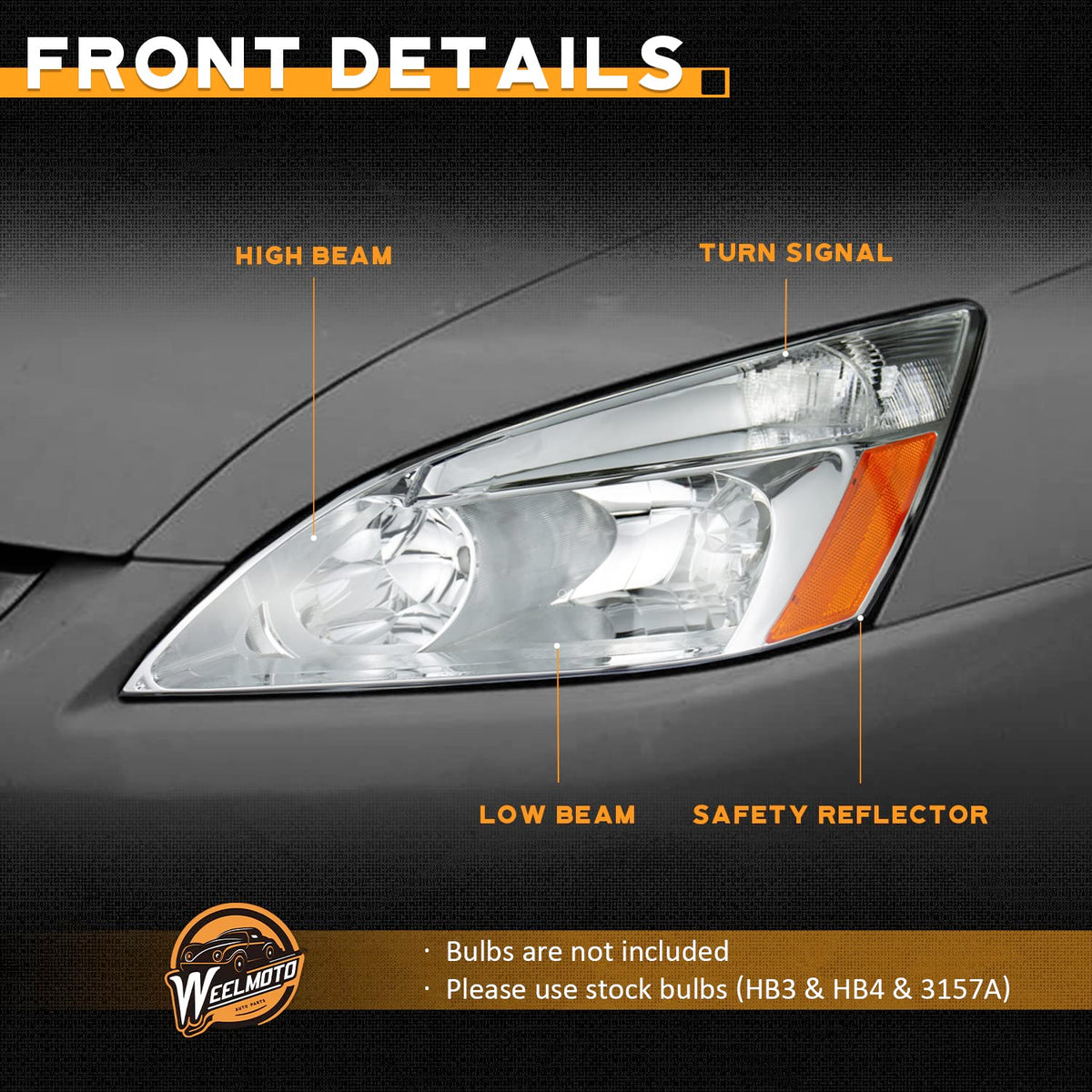 Headlights for 2003-2007 Honda Accord Chrome Housing Amber Reflector Left+Right E119700