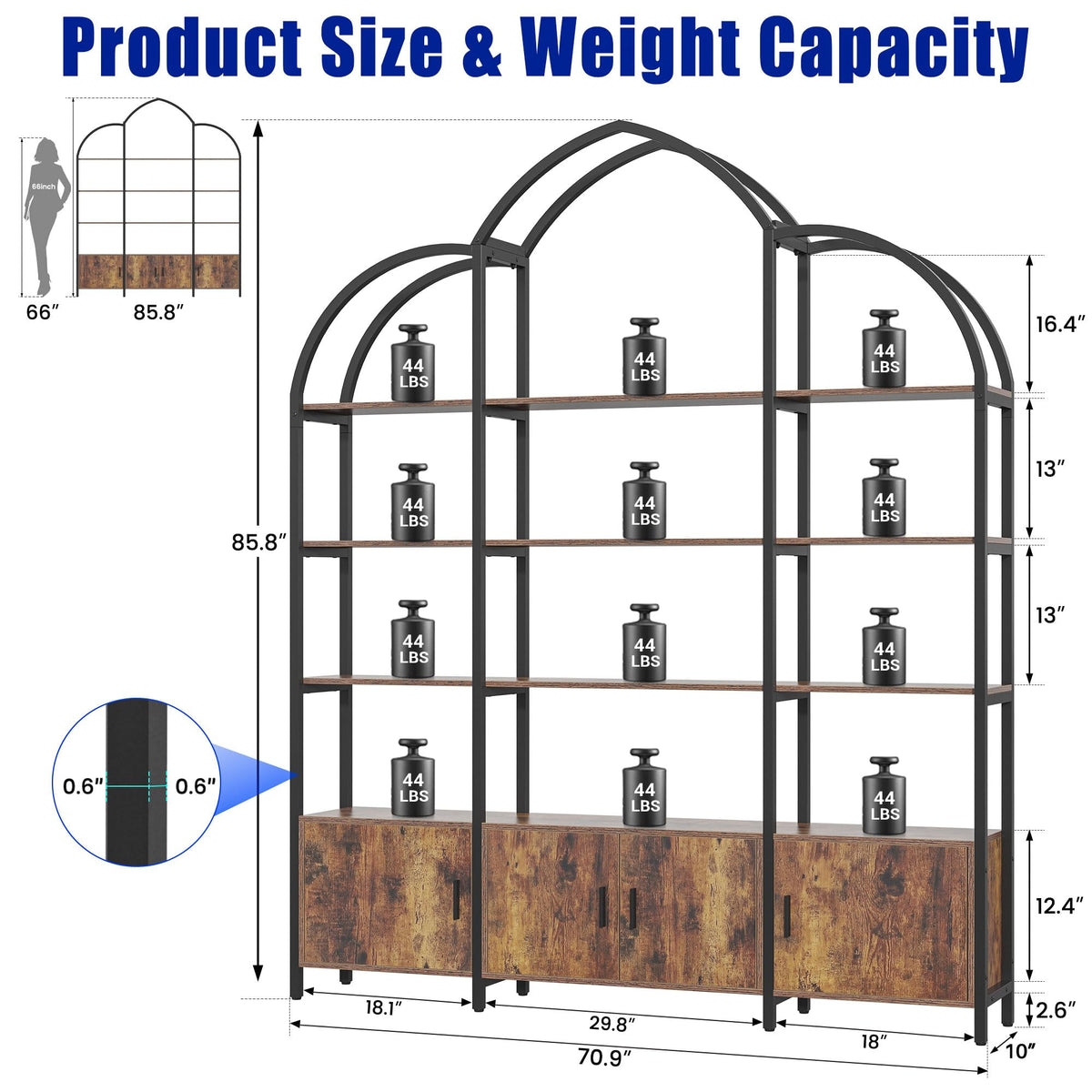 5 Tier Arched Bookshelf with 3 Cabinets L796