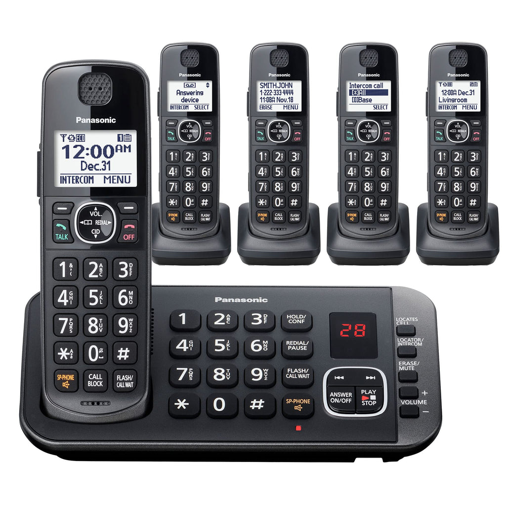 Metallic Black 5 Handset Cordless Phone System with Answering Machine N445