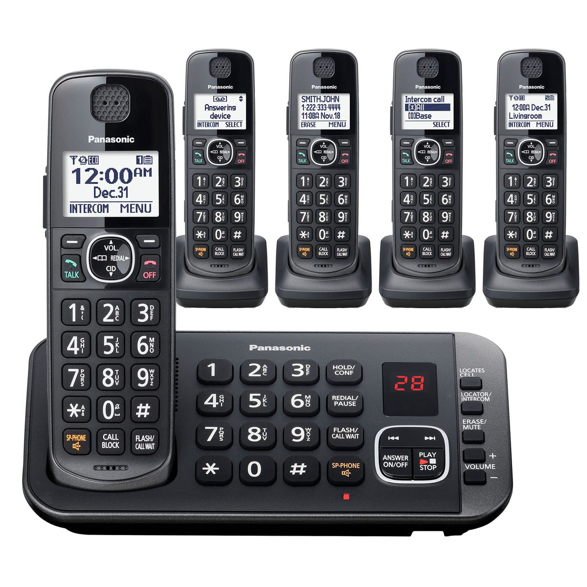 Metallic Black 5 Handset Cordless Phone System with Answering Machine N445
