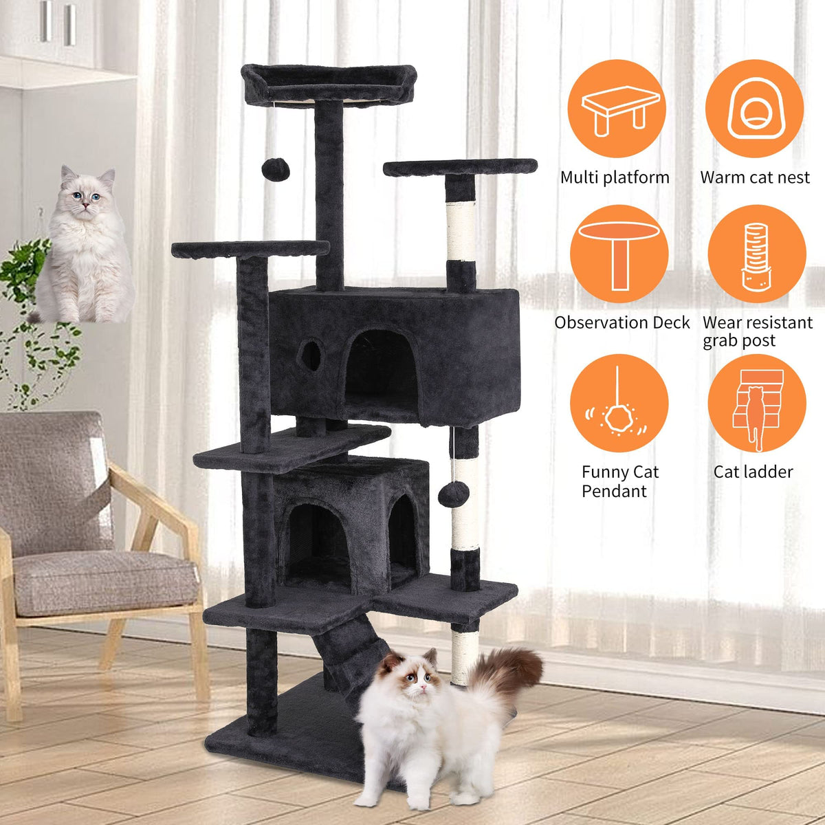 70 Inch Multi-Level Cat Tree with Scratching Post, Condo, Plush Perch B108