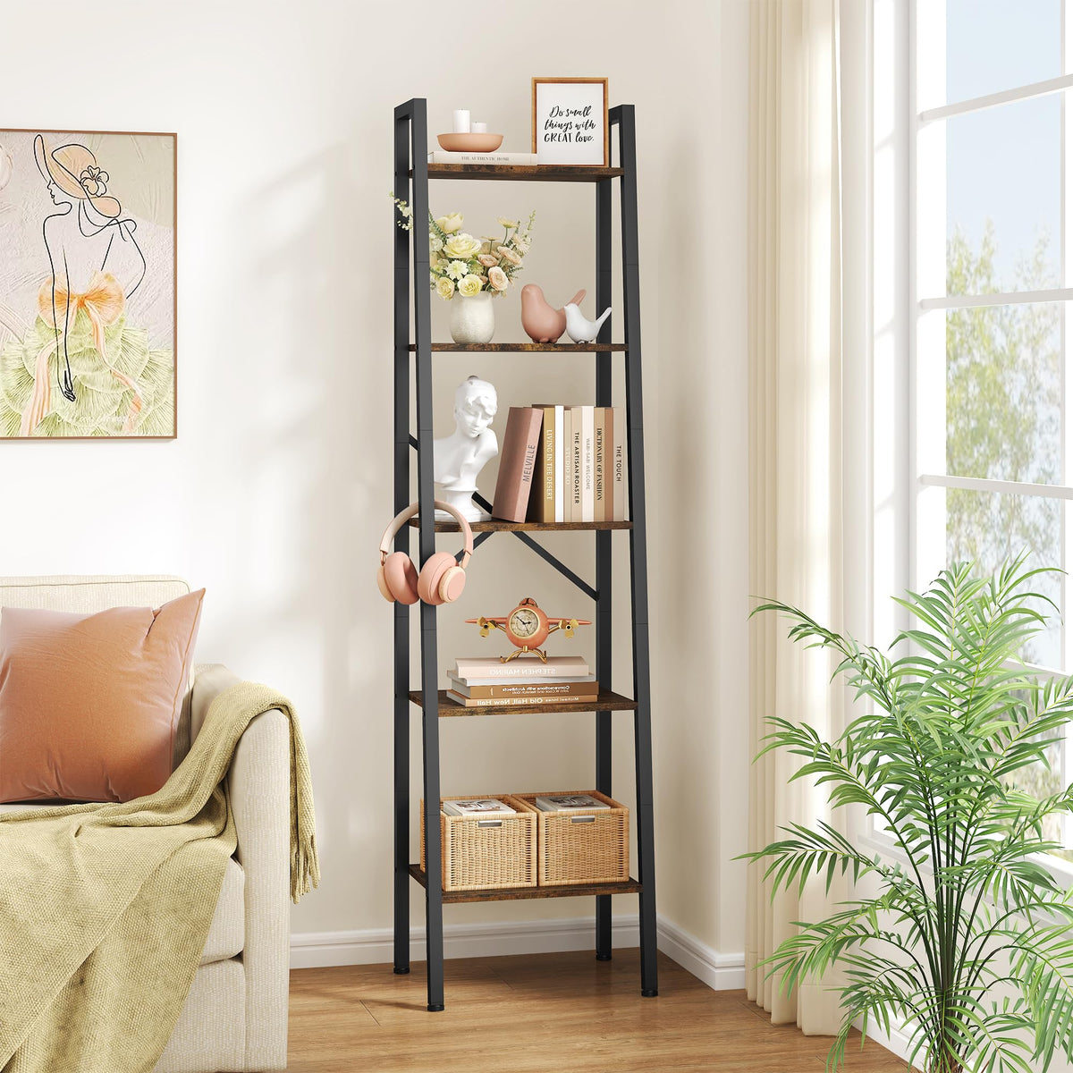5-Tier Rustic Brown Metal Ladder Bookshelf O961