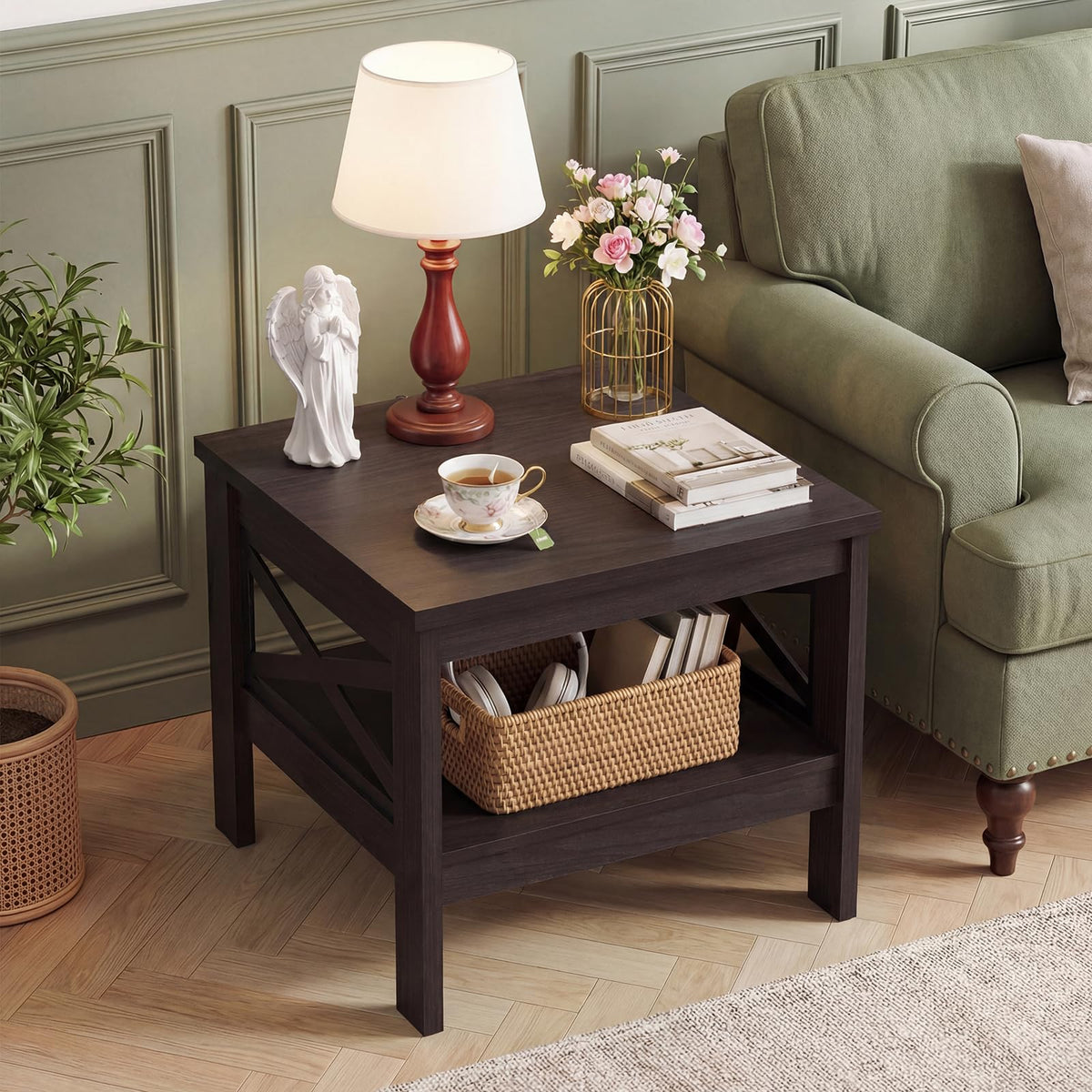 2-Tier Square End Table Set of 2 with Storage Shelf Q427
