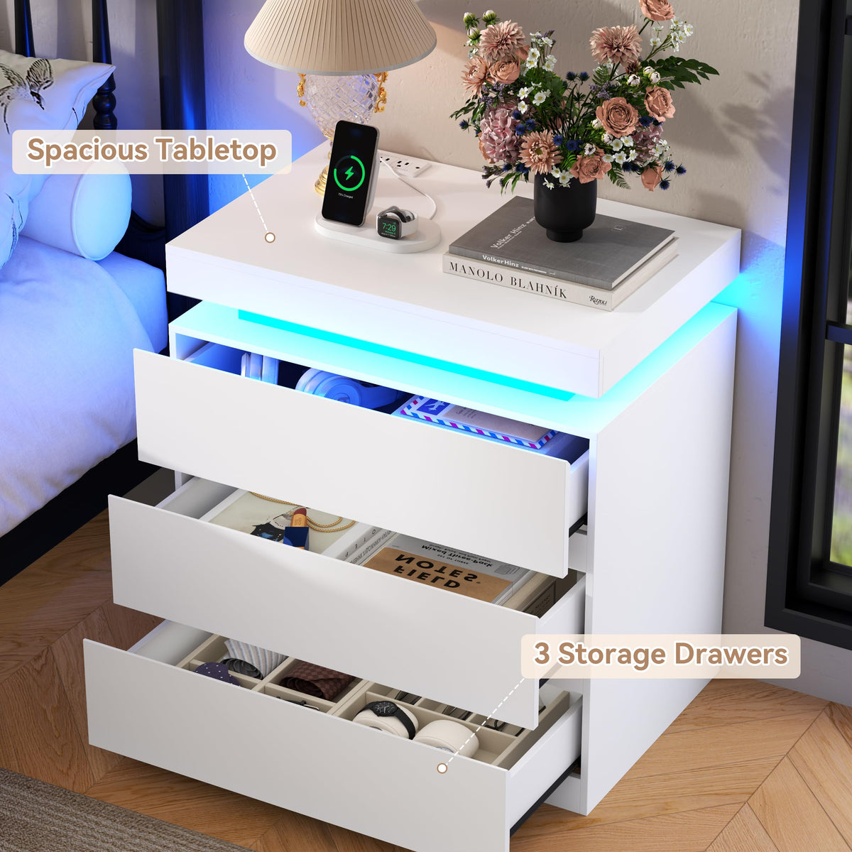 White Nightstand with Charging Station and LED Lights E241