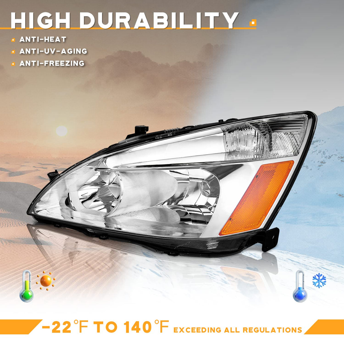 Headlights for 2003-2007 Honda Accord Chrome Housing Amber Reflector Left+Right E119700