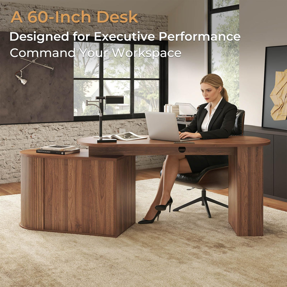 L Shaped Corner Desk with Storage Cabinet Walnut 60 Inch B557933