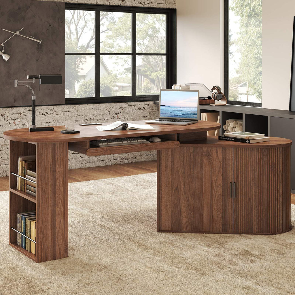 L Shaped Corner Desk with Storage Cabinet Walnut 60 Inch B557933