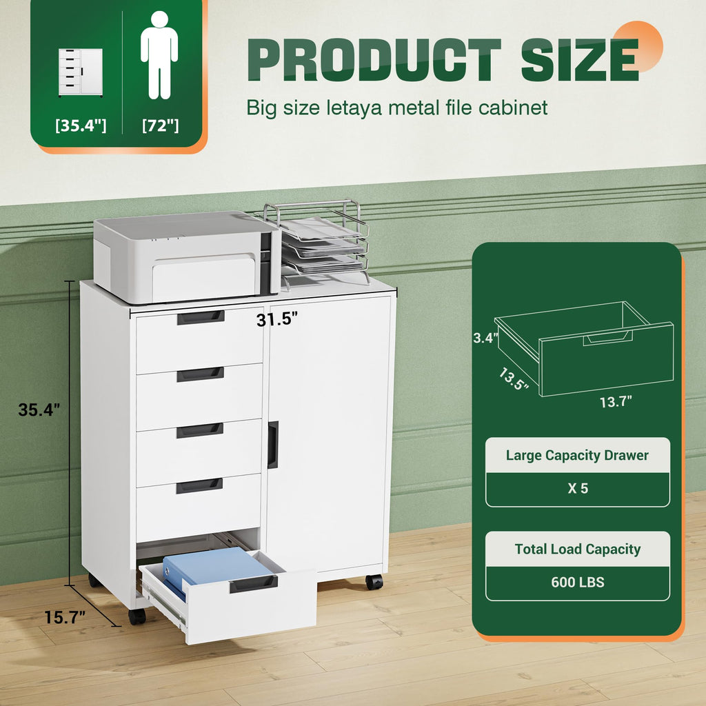 White 5 Drawer Storage Cabinet with Shelves and Door A5859
