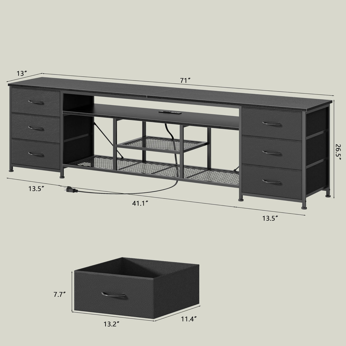 Black Dresser TV Stand with LED Lights & Charging Station X3828