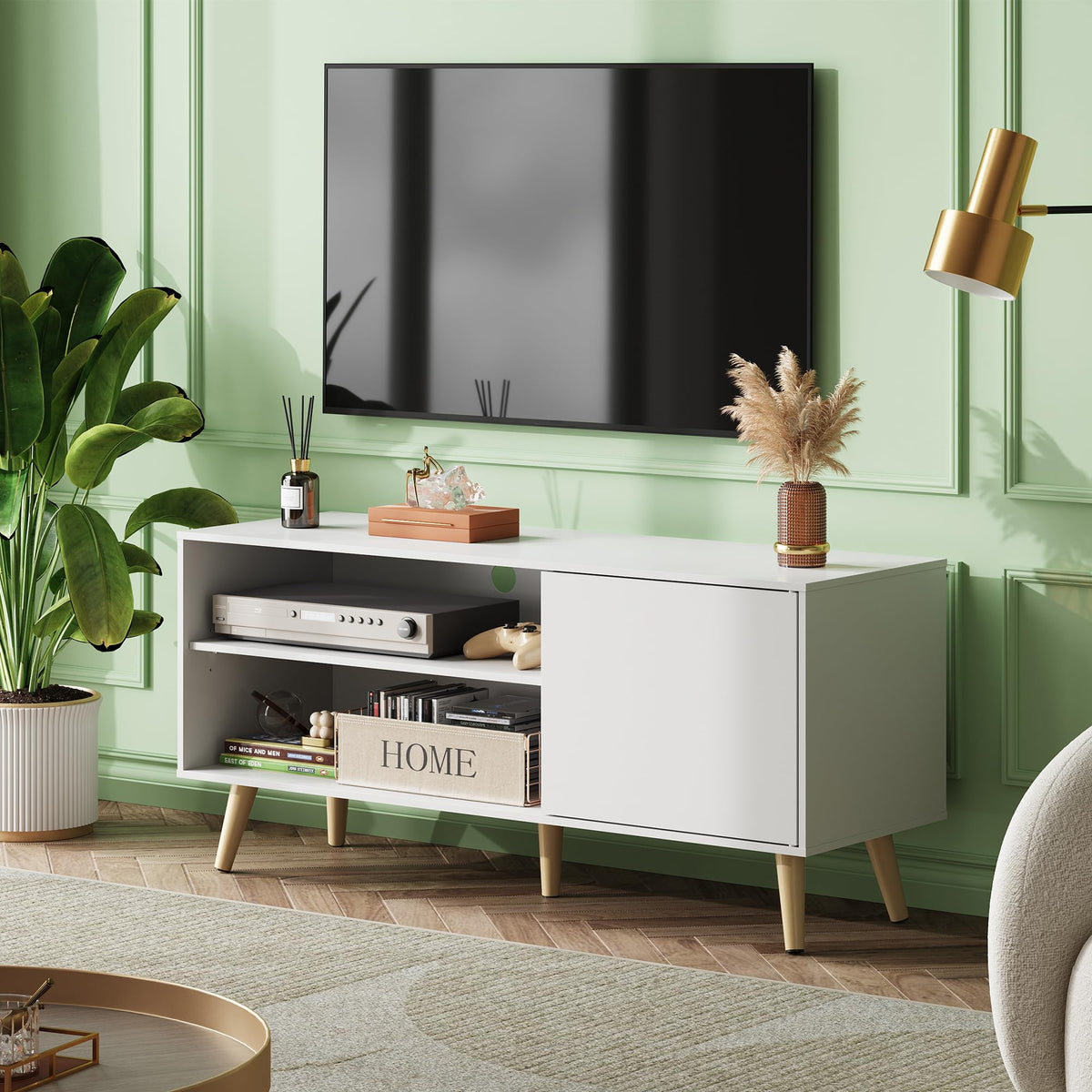 White TV Stand with Storage Cabinet P873
