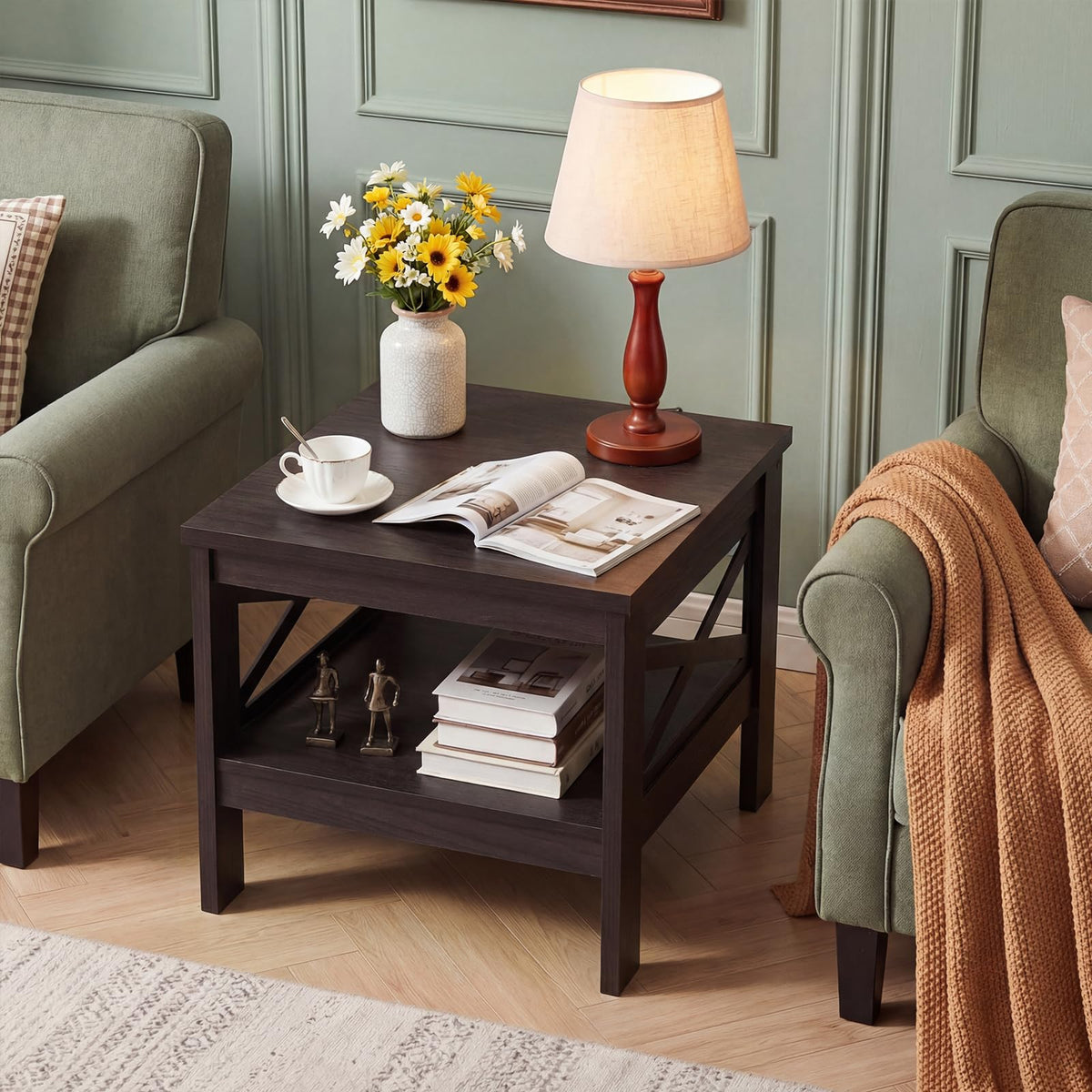 2-Tier Square End Table Set of 2 with Storage Shelf Q427