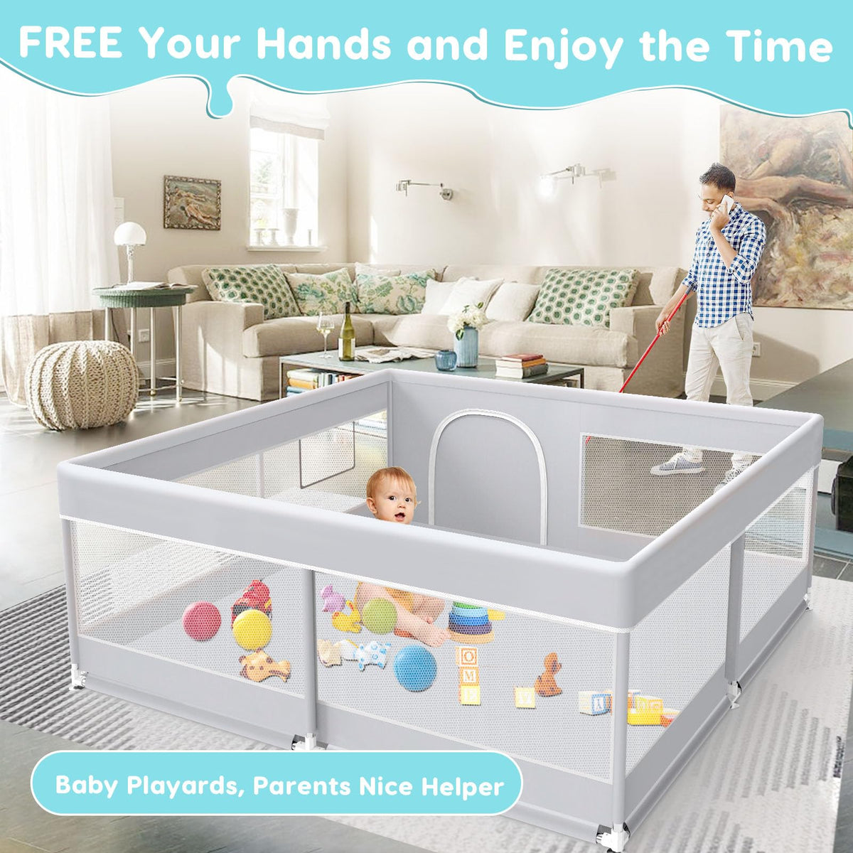 50x50 Inch Grey Baby Playpen with Mesh T396