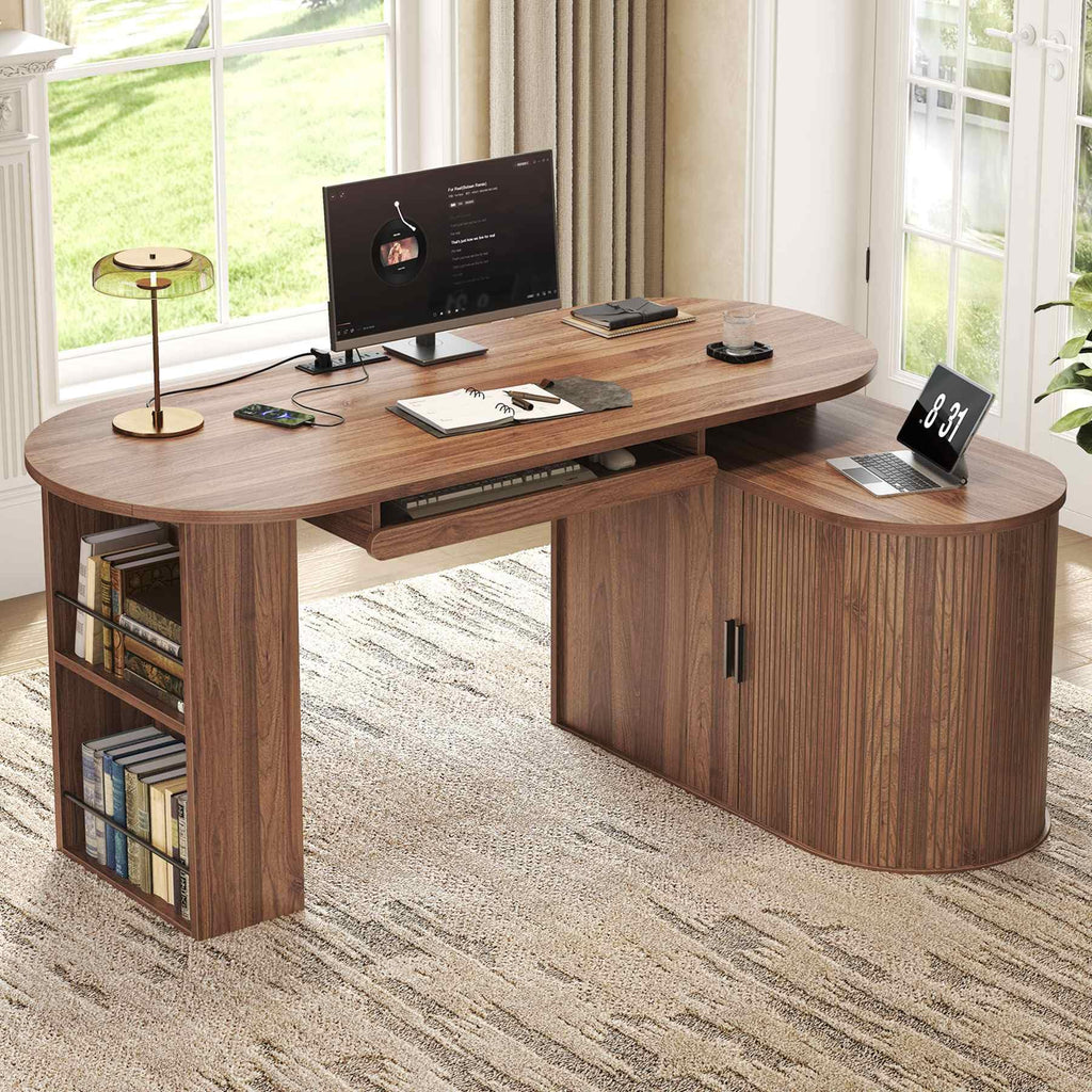 L Shaped Corner Desk with Storage Cabinet Walnut 60 Inch B557933