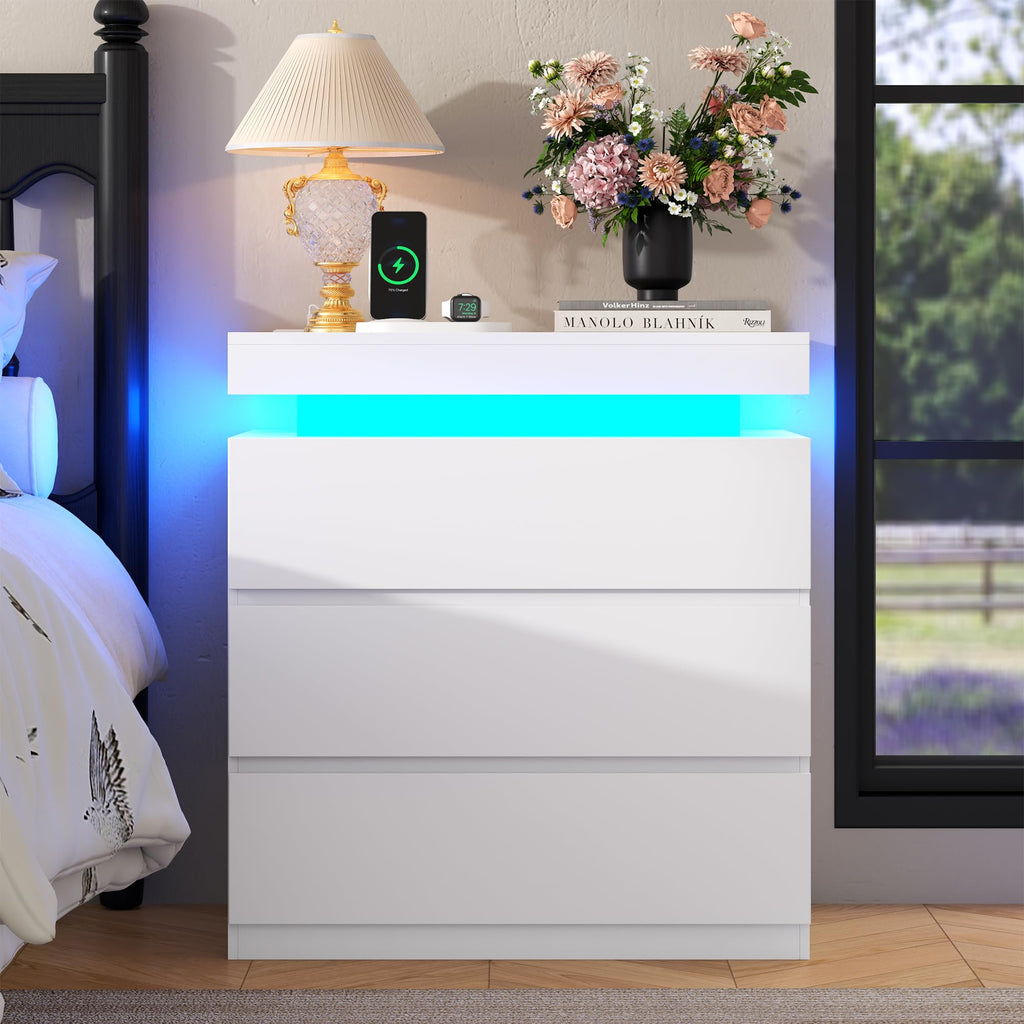 White Nightstand with Charging Station and LED Lights E241