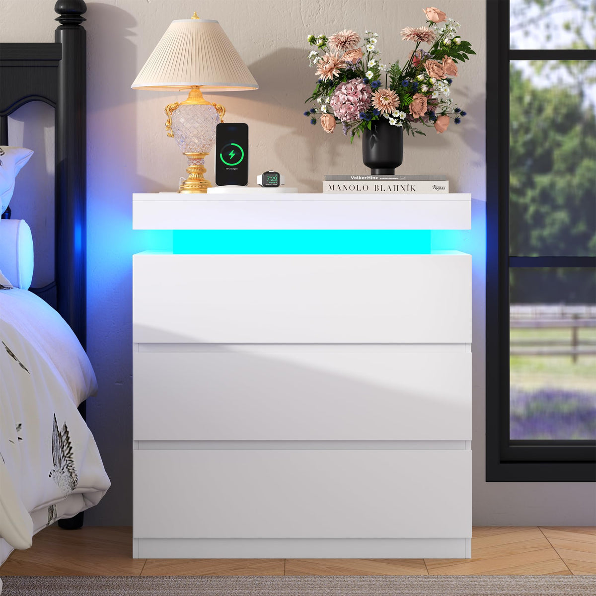 White Nightstand with Charging Station and LED Lights E241