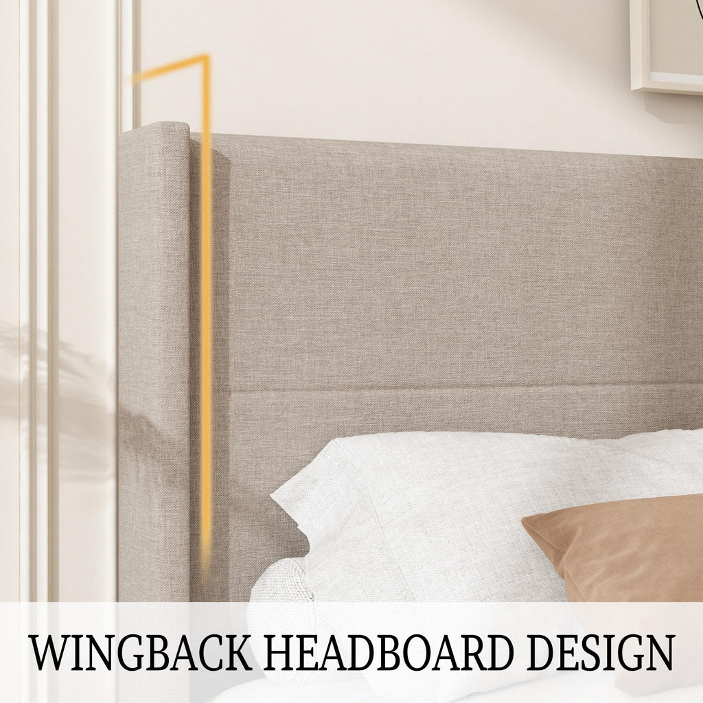Queen Size Linen Platform Bed Frame with Wingback Headboard K3950