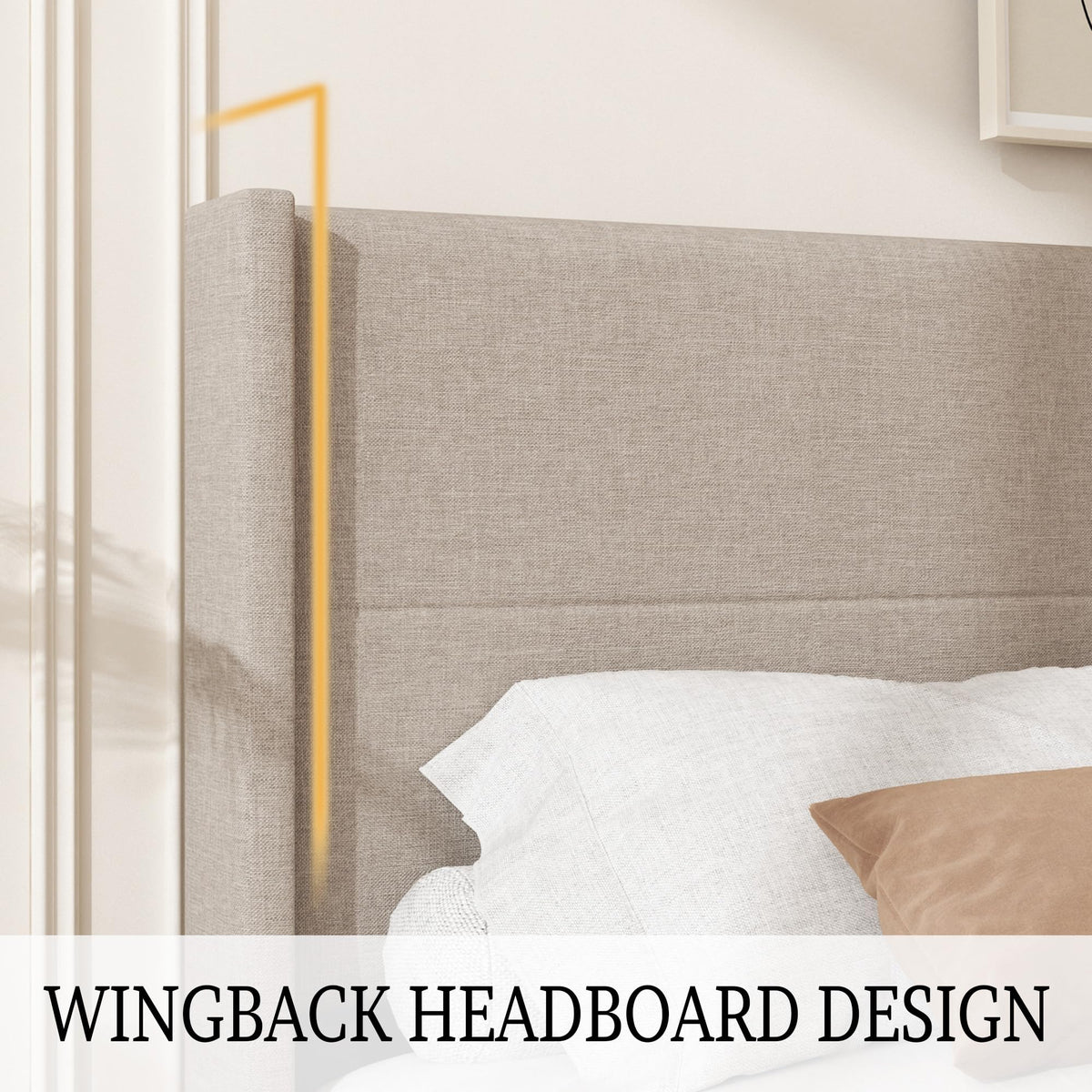 Queen Size Linen Platform Bed Frame with Wingback Headboard K3950