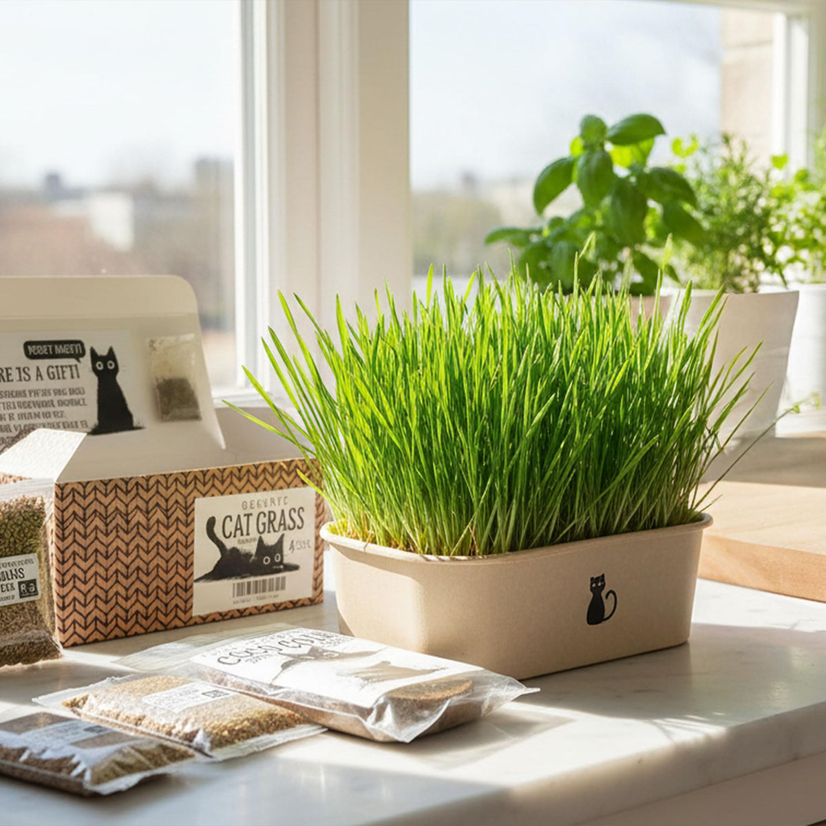 4-Batch Indoor Cat Grass Grow Kit with Containers, Soil Disks & Seeds G390
