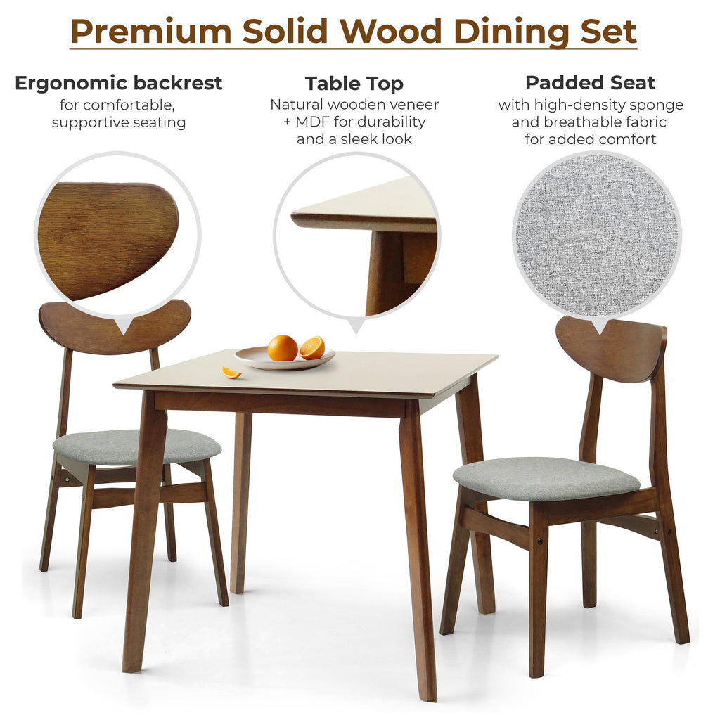 Set of 3 Square Dining Table and 2 Side Chairs Solid Wood Padded Seat Medium Brown U510