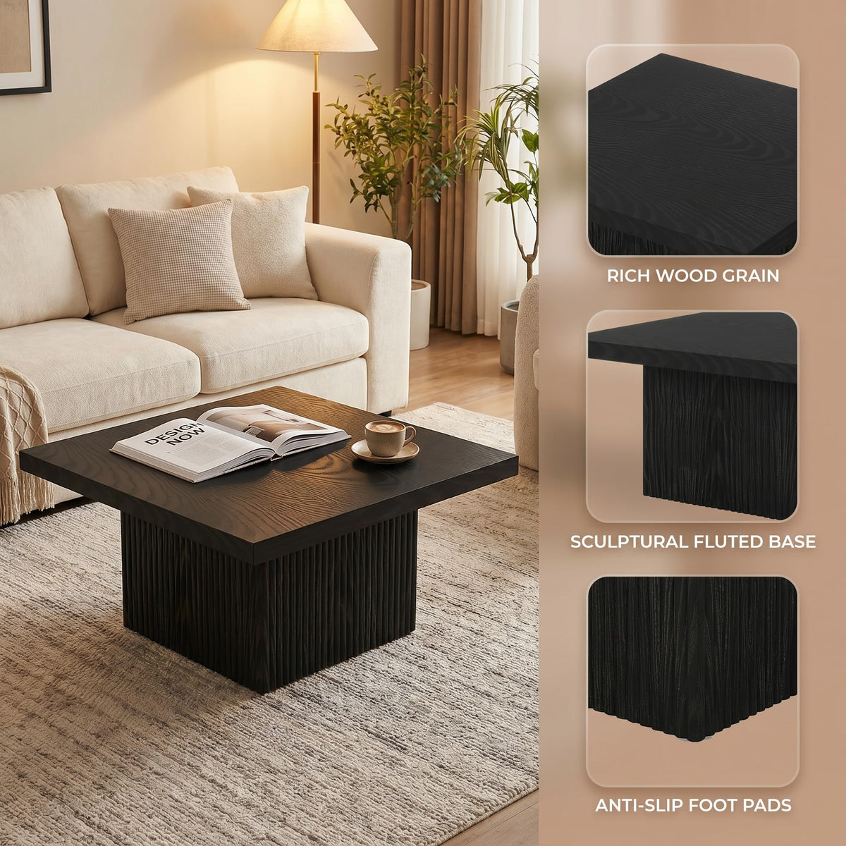 31.5" Square Fluted Wood Coffee Table G708375