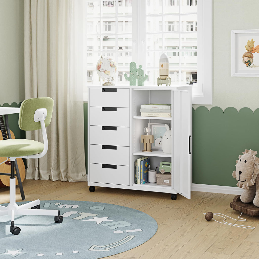 White 5 Drawer Storage Cabinet with Shelves and Door A5859
