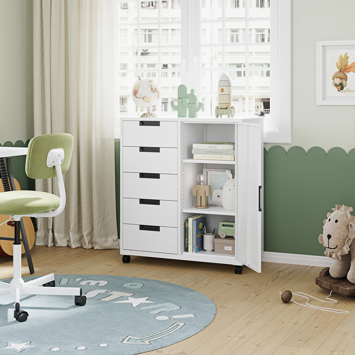 White 5 Drawer Storage Cabinet with Shelves and Door A5859